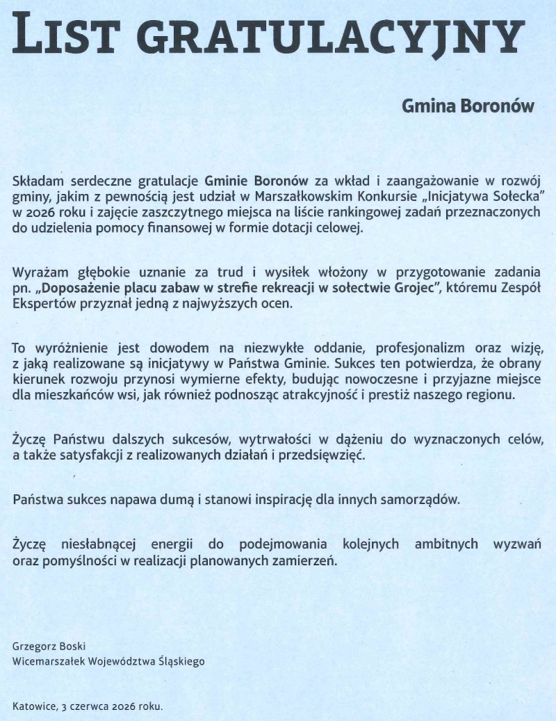 List gratulacyjny dla Gminy Boron&oacute;w od Wicemarszałka Wojew&oacute;dztwa Śląskiego Grzegorza Boskiego za zaangażowanie w&nbsp;rozw&oacute;j gminy.